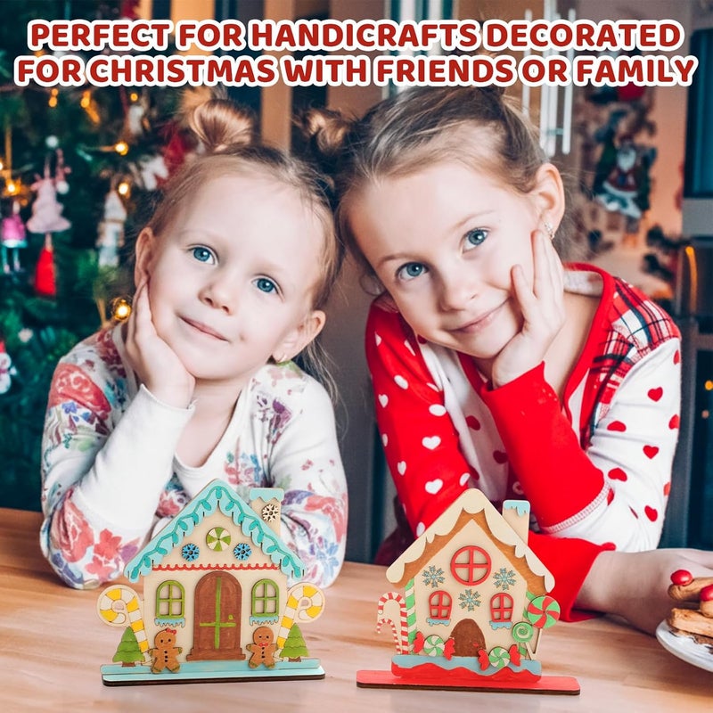 DoubleFill 24 Set DIY Wood Christmas Gingerbread House Paint Craft Kit Unpainted Ceramics Plaster Keepsake with Painting Set for Christmas Holiday Party DIY Art Project Decoration Paint Brushes - Image 5